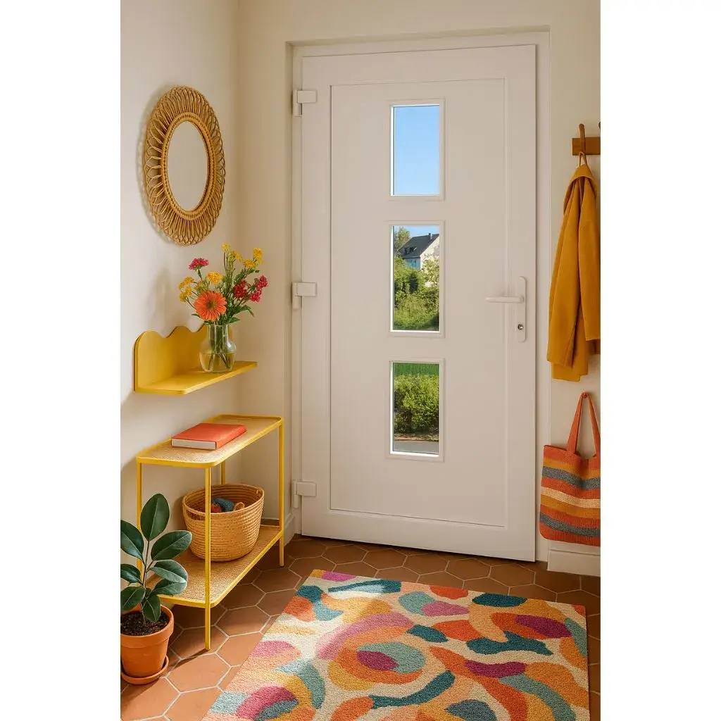 L'entrée lumineuse est décorée de façon chaleureuse avec un tapis coloré, un porte-manteau assorti et un meuble jaune accueillant