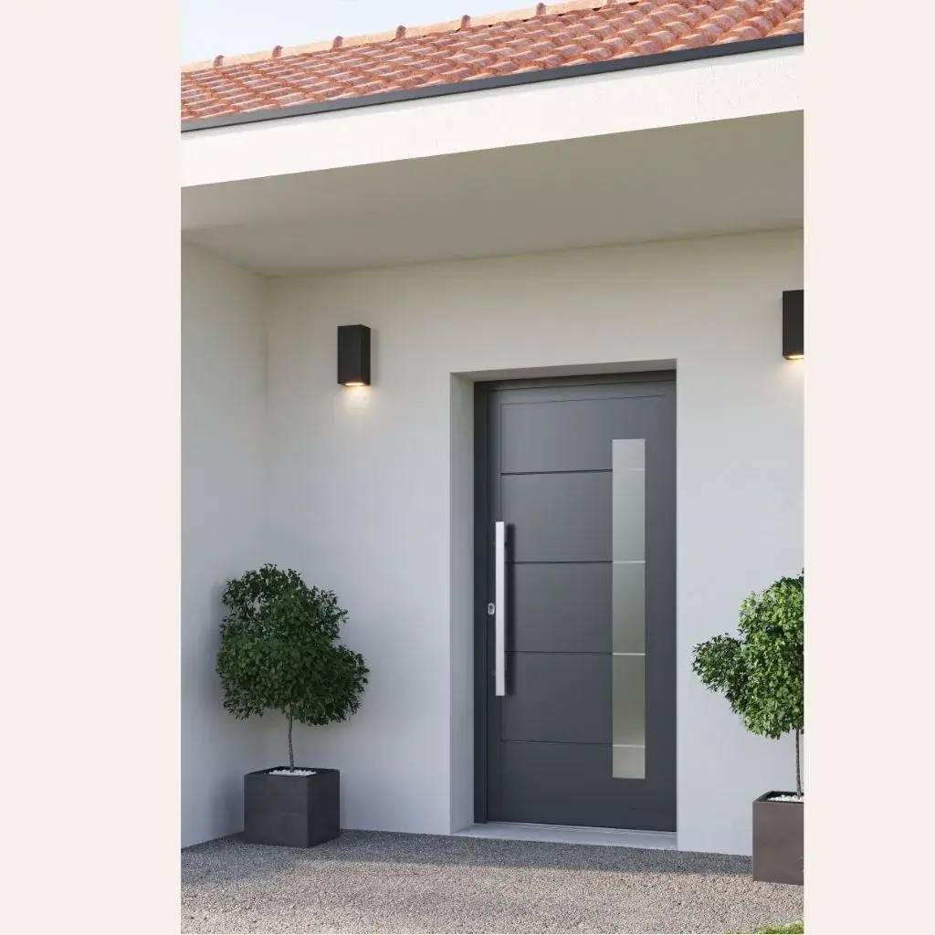 Entrée moderne avec une porte en acier gris, encadrée de deux plantes en pot et éclairée par des appliques murales.