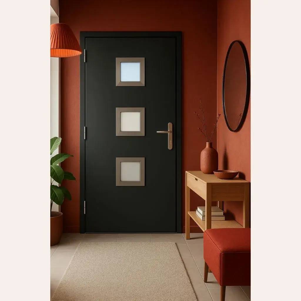 Entrée moderne avec porte noire à fenêtres géométriques, murs rouges et décorations minimalistes.