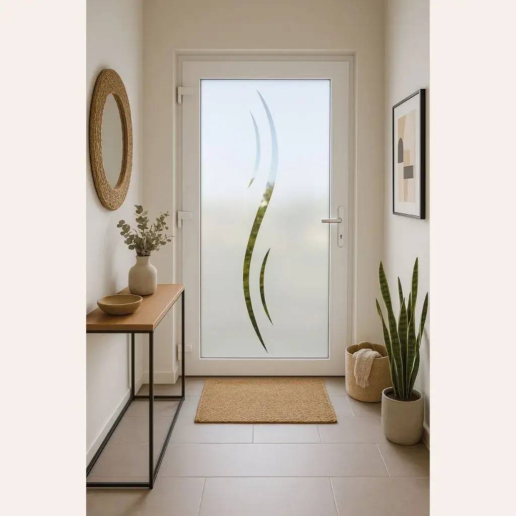 Entrée moderne et épurée avec une porte vitrée ornée de motifs, un miroir rond, une plante verte et un tapis.