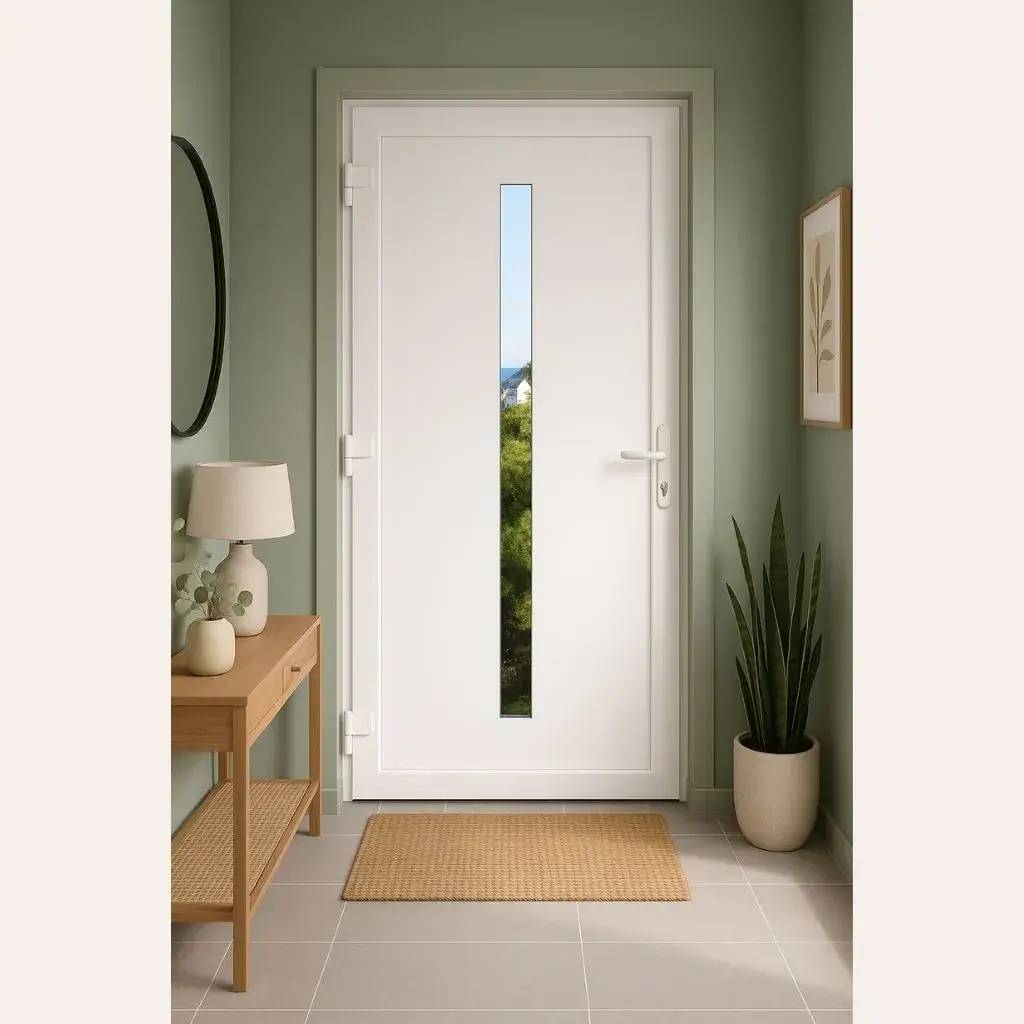 Un intérieur d'entrée moderne avec une porte blanche à fenêtre verticale, un tapis tissé, une plante en pot et une table en bois avec une lampe