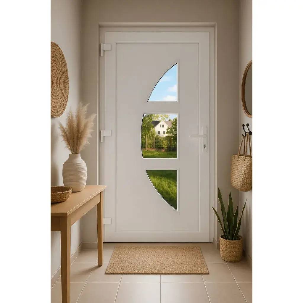 Entrée lumineuse avec une porte blanche moderne ornée de vitres géométriques, flanquée de décorations en tons naturels et végétaux
