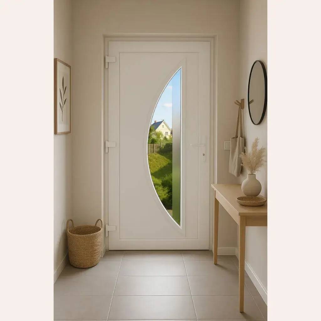 Entrée lumineuse et épurée avec une porte blanche moderne et un ameublement minimaliste.