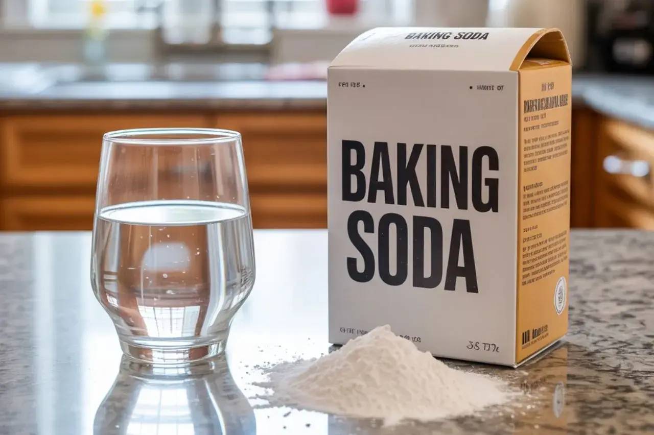 Un verre d'eau est placé à côté d'une boîte de bicarbonate de soude sur un comptoir de cuisine, entouré d'une petite pile