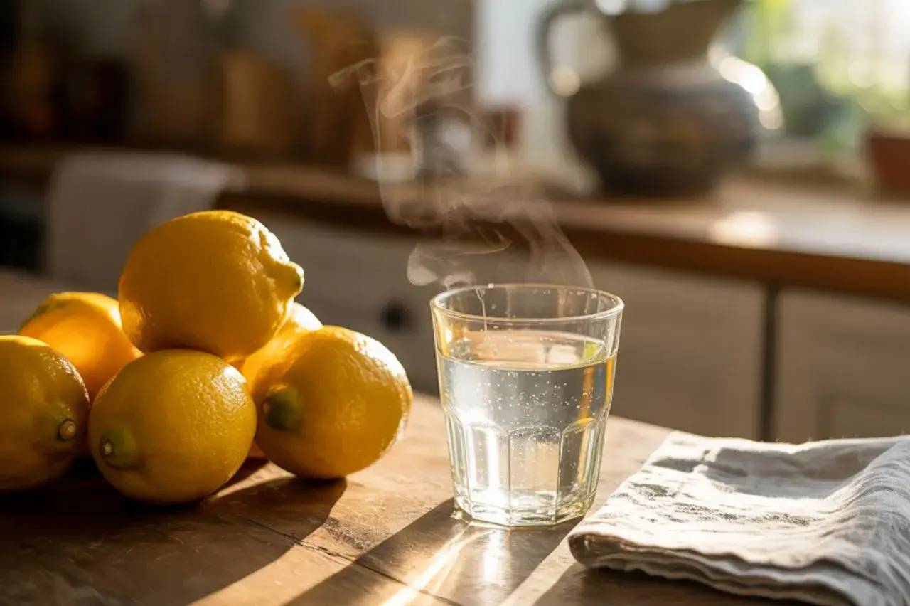 Un verre d'eau fumante est posé à côté d'une pile de citrons sur une table en bois, baignée de lumière naturelle.