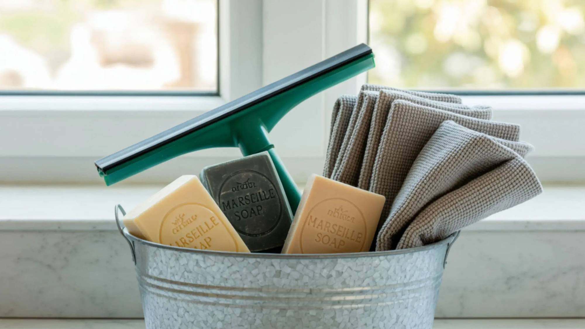 Un seau en métal contenant des savons de Marseille, une raclette verte et des linges en tissu gris est posé sur le rebord d'une