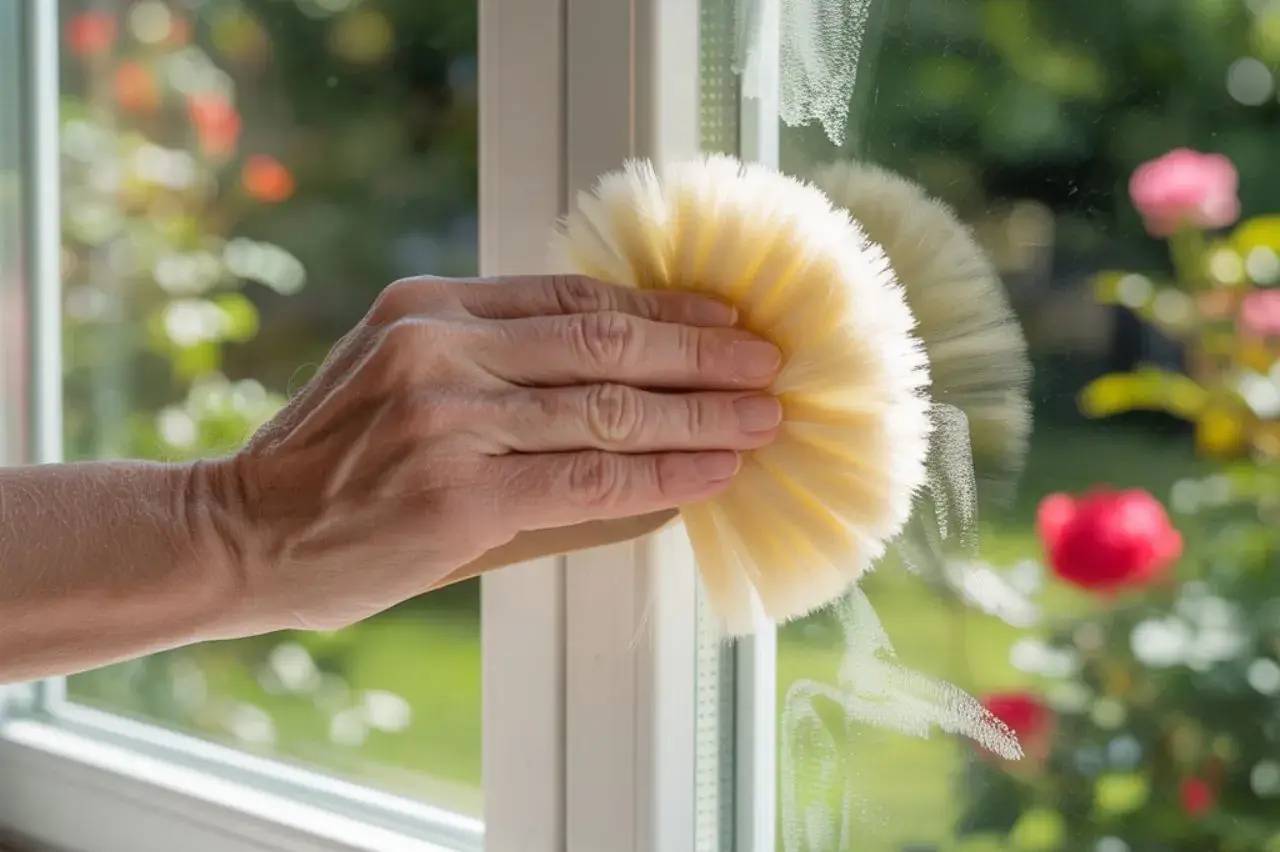 Une main nettoie une fenêtre avec une brosse douce, avec un jardin fleuri visible en arrière-plan.