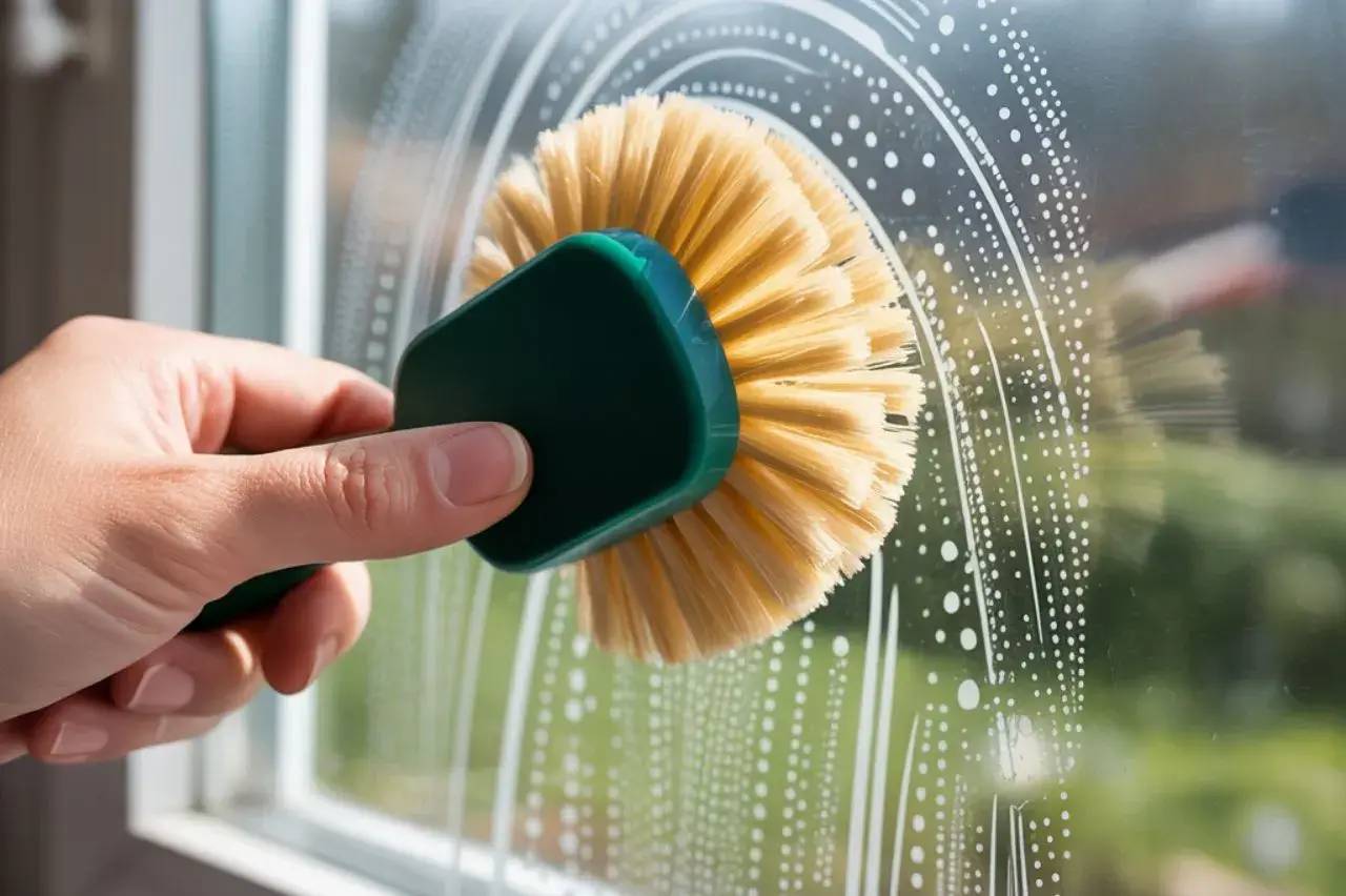 Une main nettoie une vitre avec une brosse ronde, créant des motifs de mousse.