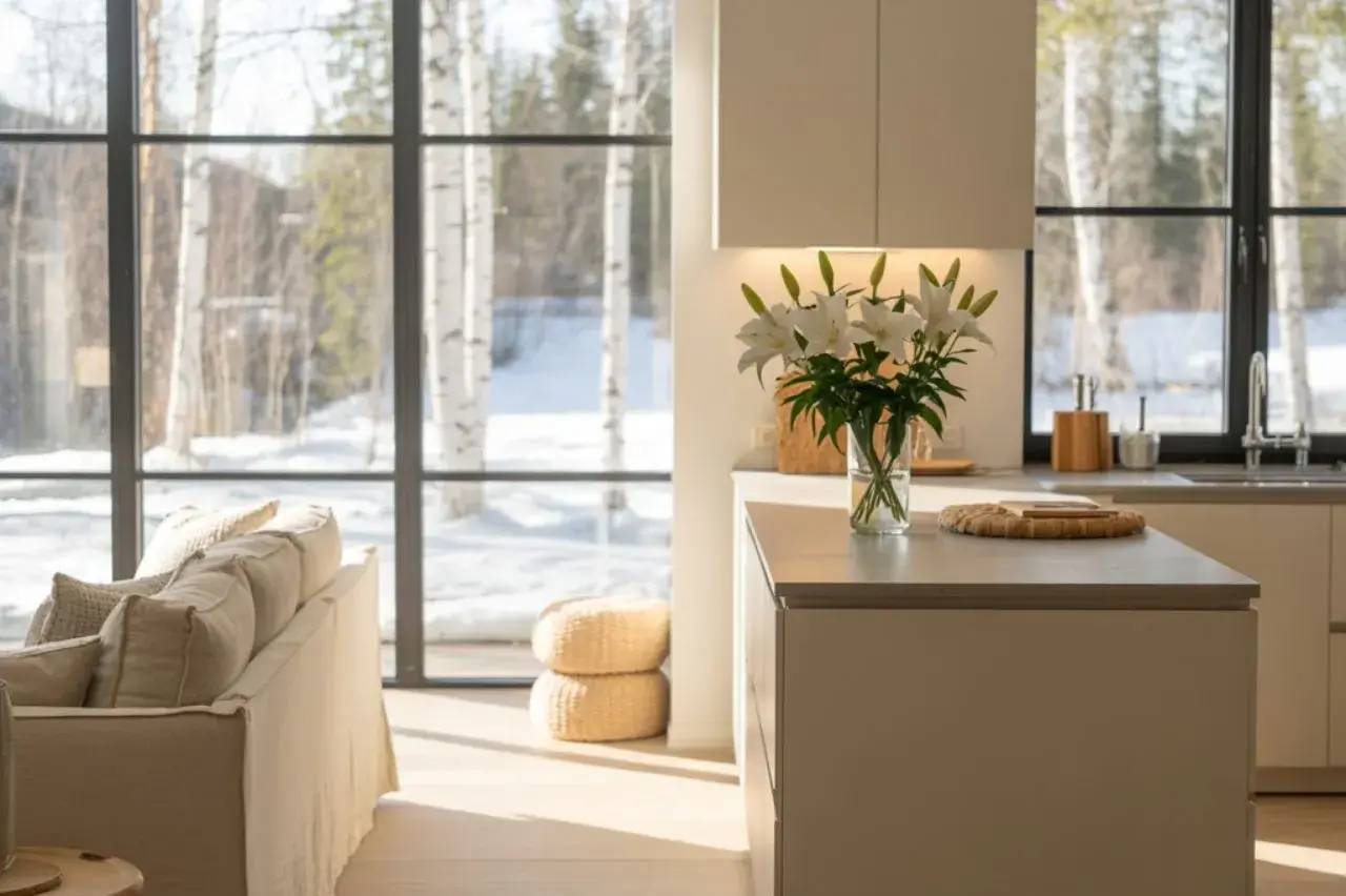Cuisine moderne inondée de lumière naturelle, avec un vase de fleurs blanches sur le comptoir et une vue sur un paysage enneigé.
