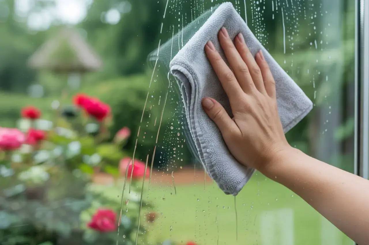 Une main essuie une vitre avec un chiffon en microfibre, avec un jardin verdoyant en arrière-plan.