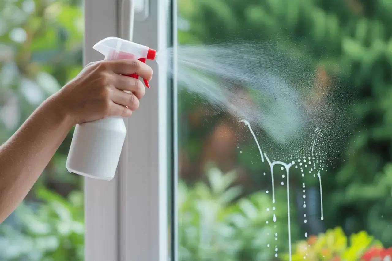 Une main pulvérise un produit nettoyant sur une vitre, avec un fond de verdure floue.