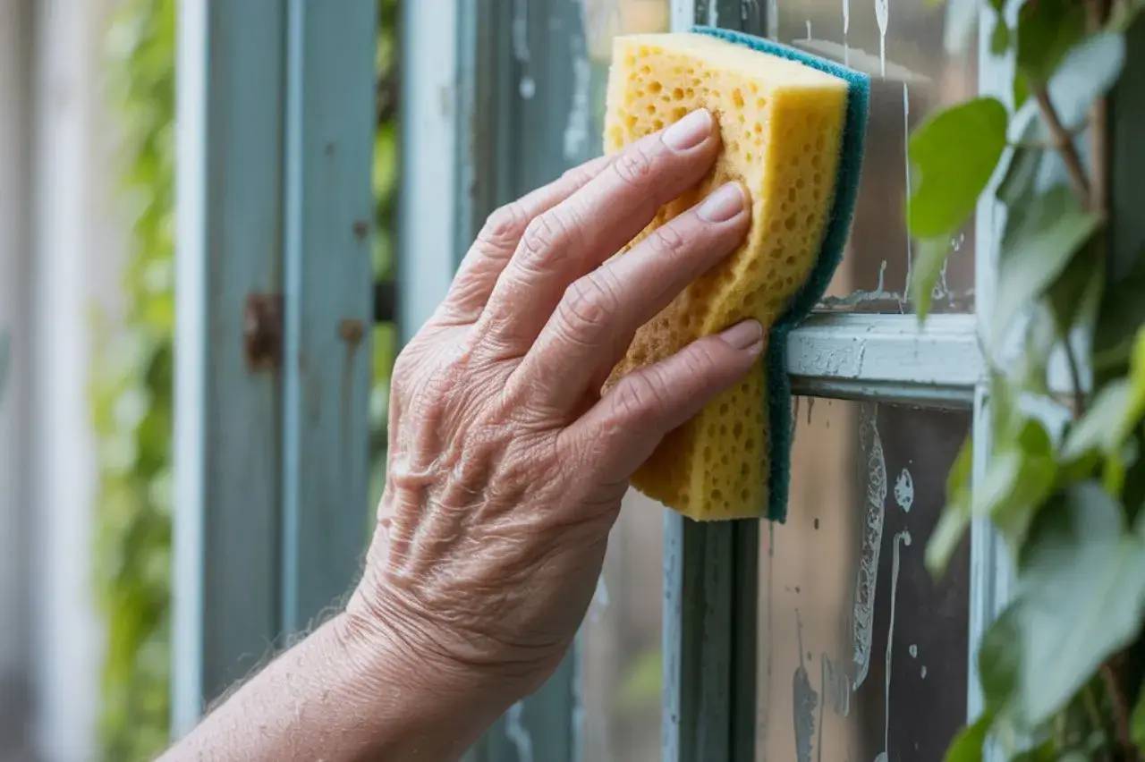 Une main nettoie une vitre à l'aide d'une éponge jaune, entourée de verdure.