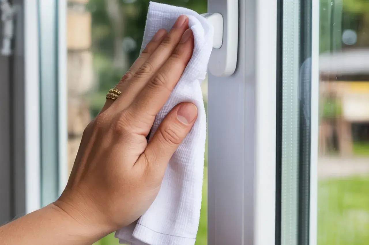 Une main essuie une fenêtre avec un chiffon blanc, illustrant le nettoyage domestique.