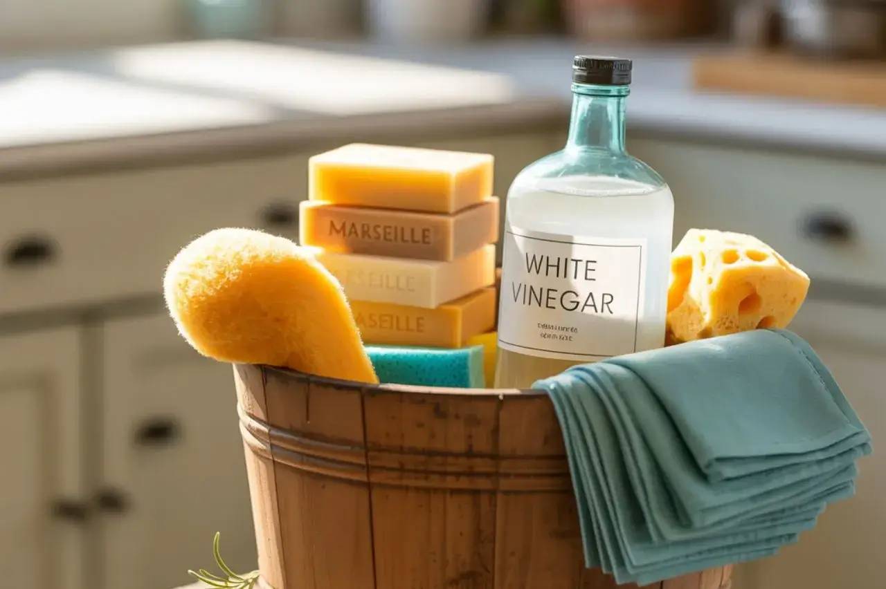 Un panier en bois contenant des blocs de savon de Marseille, du vinaigre blanc, des éponges, et des chiffons, idéalement disposés