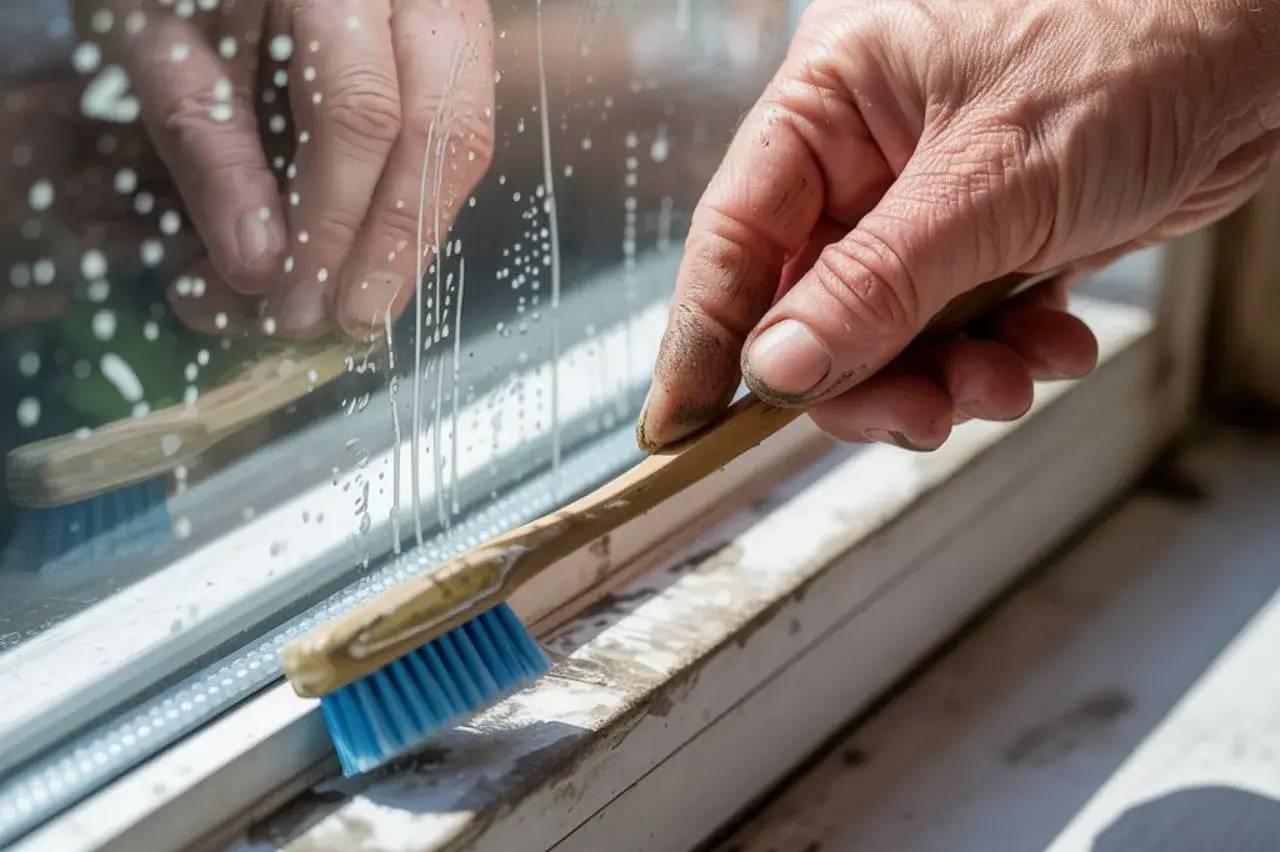 Une main nettoie un rebord de fenêtre avec une brosse à dents, enlevant saleté et mousse.