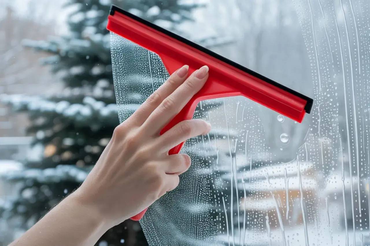 Une main utilisant une raclette rouge pour nettoyer une vitre, avec des arbres enneigés en arrière-plan.