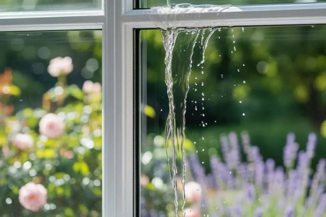 De l'eau s'écoule par une fenêtre ouverte tandis qu'un jardin fleuri est visible en arrière-plan.