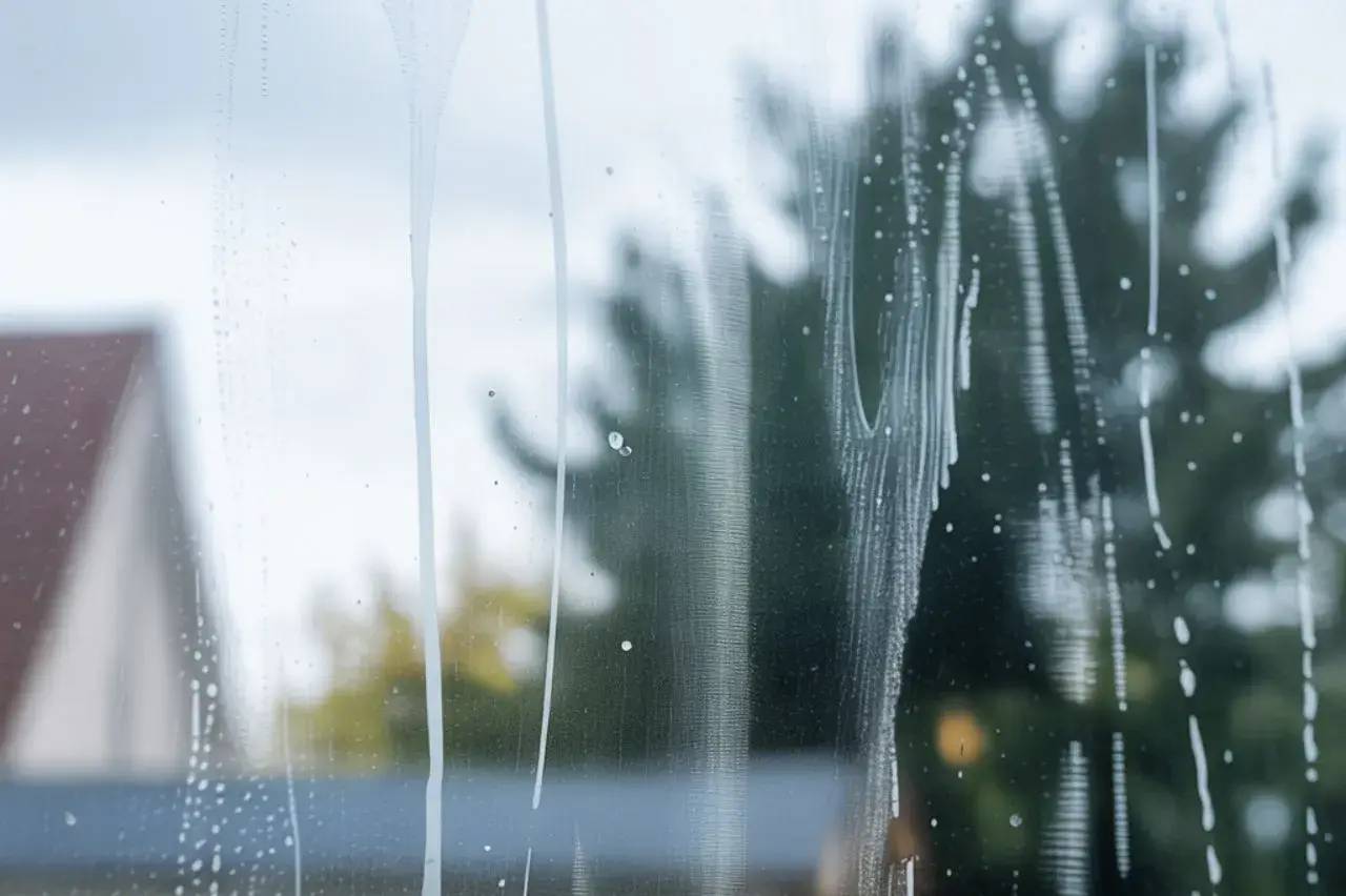 Un vitrage embué, partiellement nettoyé avec des traces d'eau et de détergent, offre une vue floue sur l'extérieur.