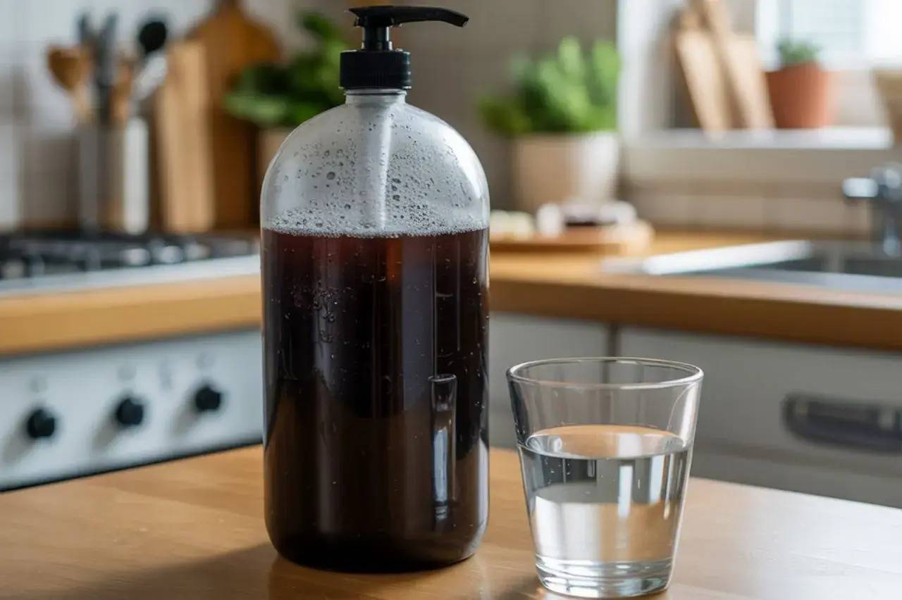 Un distributeur de savon noir est posé à côté d'un verre d'eau sur une table en bois dans une cuisine.