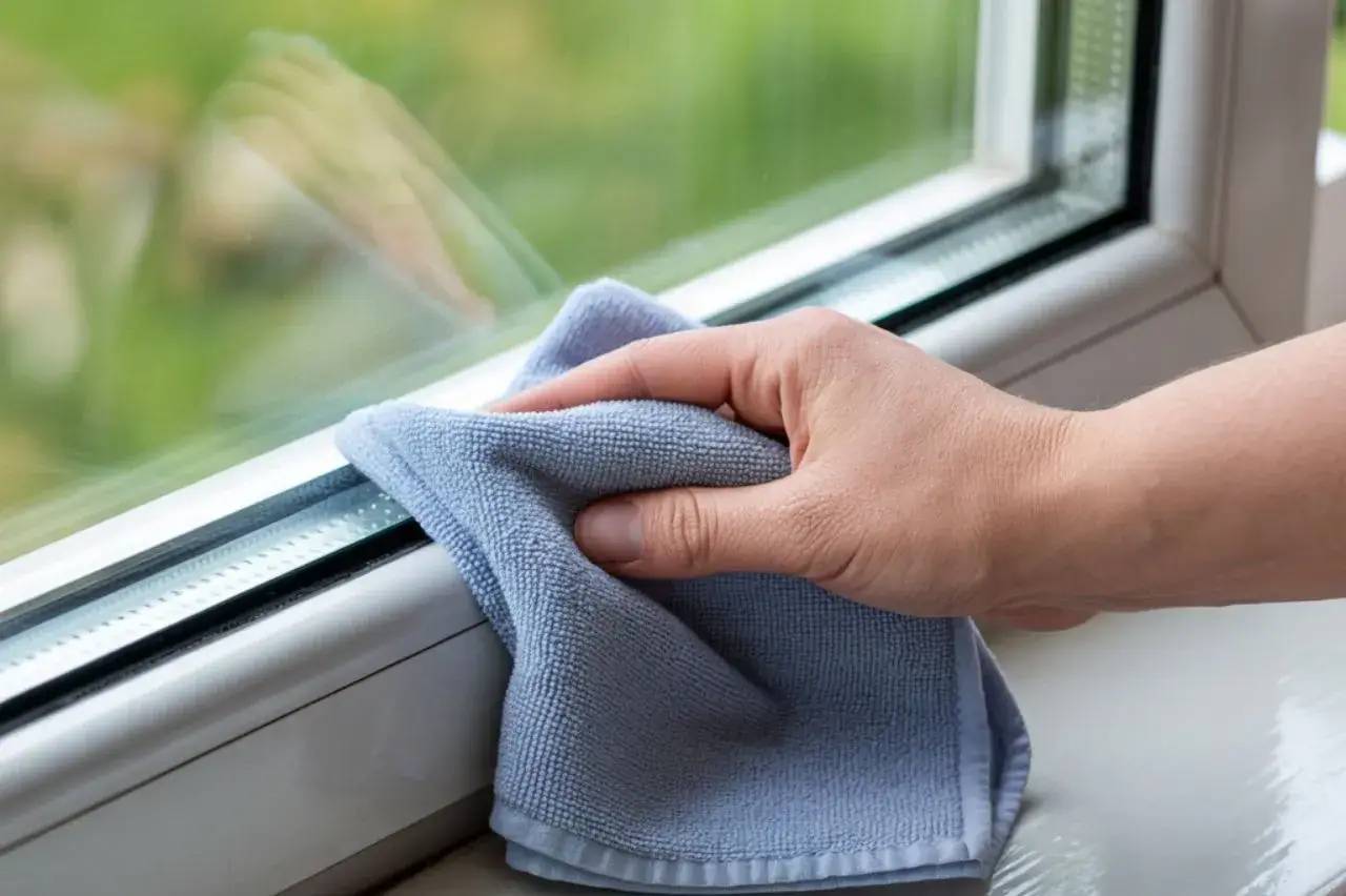Une main nettoie le rebord d'une fenêtre avec un chiffon en microfibre bleu.