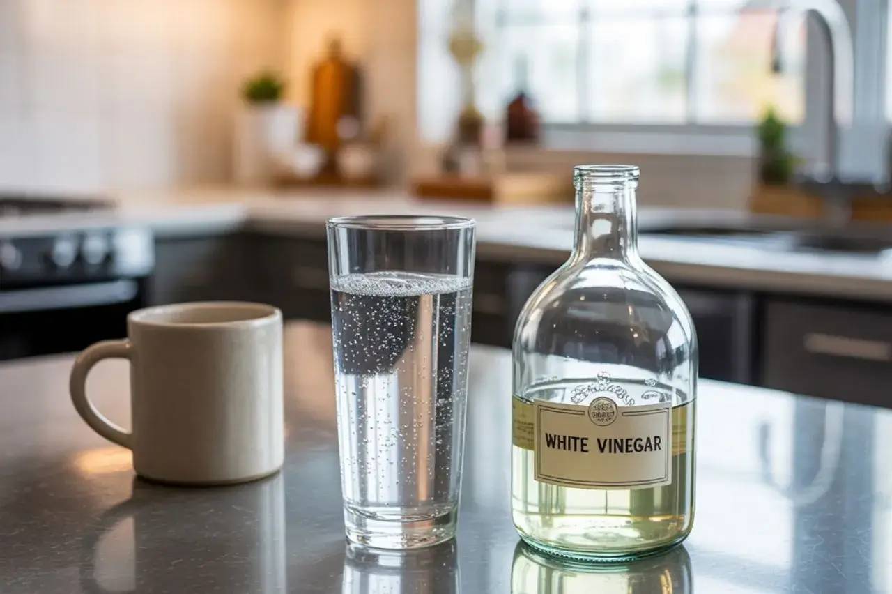 Sur un plan de travail de cuisine moderne se trouvent une tasse, un verre d'eau pétillante et une bouteille de vinaigre blanc.