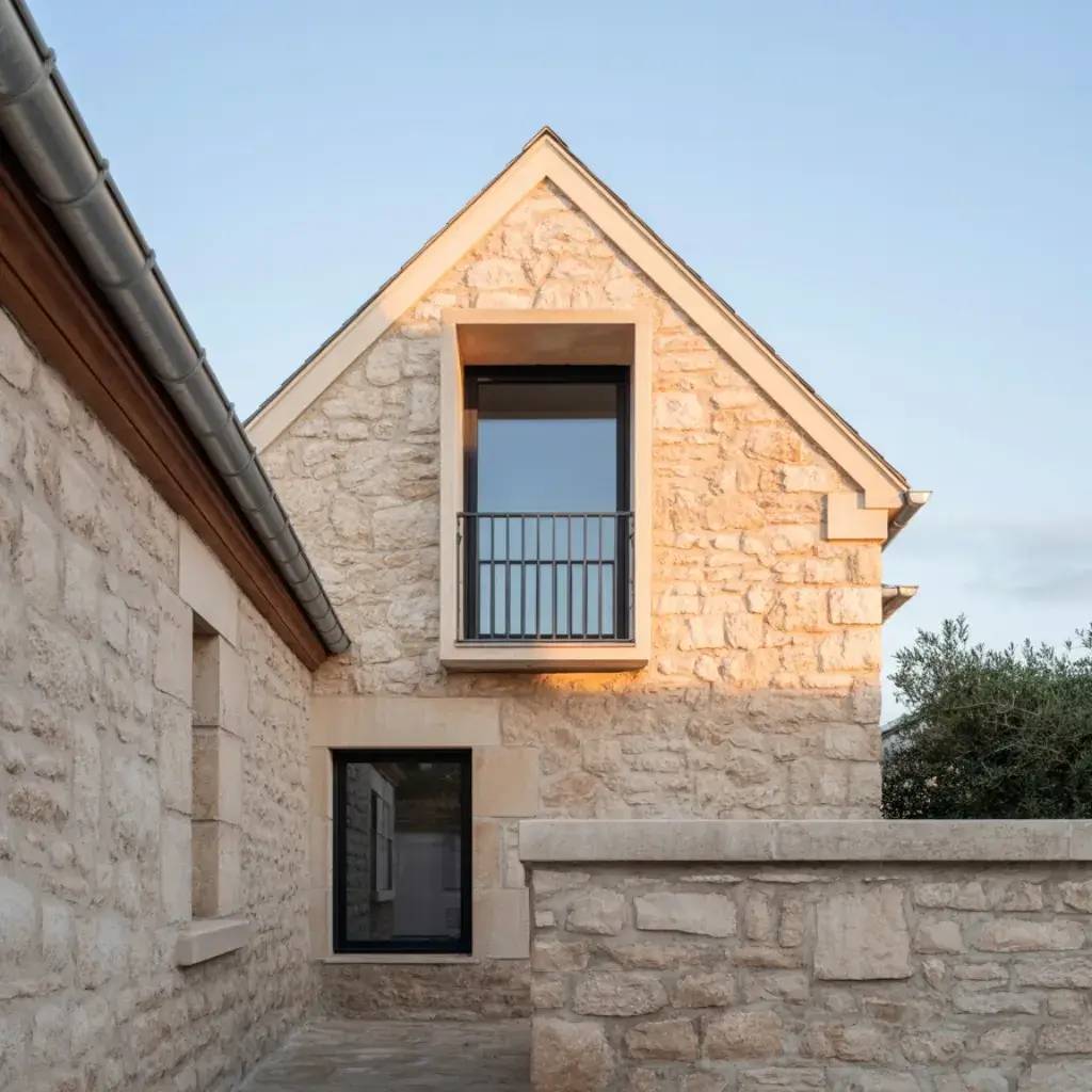Une façade en pierre avec une fenêtre moderne intégrée sous un toit à pignon, baignée par la lumière du coucher du soleil.