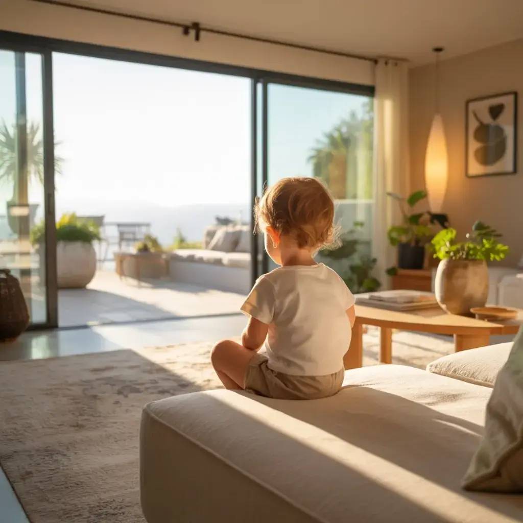 Un enfant assis sur un canapé dans un salon lumineux, avec une vue sur une terrasse ensoleillée.