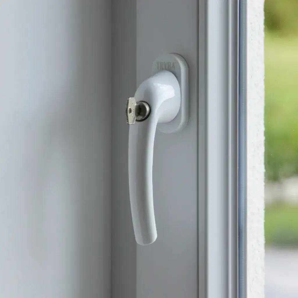 Poignée de fenêtre blanche avec une serrure intégrée, fixée sur un cadre moderne.