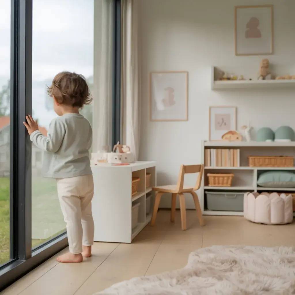 Un enfant regarde par une grande baie vitrée dans une chambre minimaliste décorée de couleurs douces et de jouets en bois.