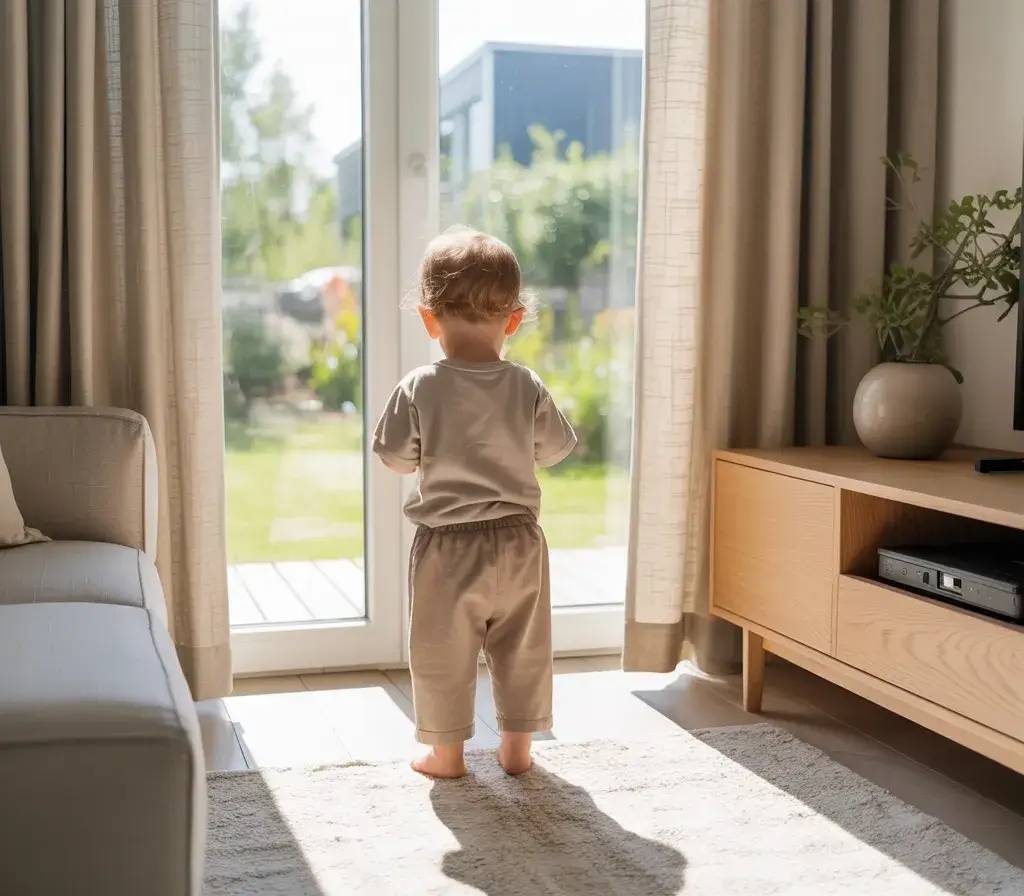 Un jeune enfant en pyjama beige observe le jardin à travers une grande baie vitrée éclairée par le soleil.
