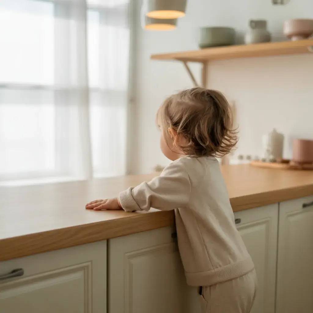 Un jeune enfant appuyé contre un comptoir en bois clair, dans une cuisine lumineuse et minimaliste.