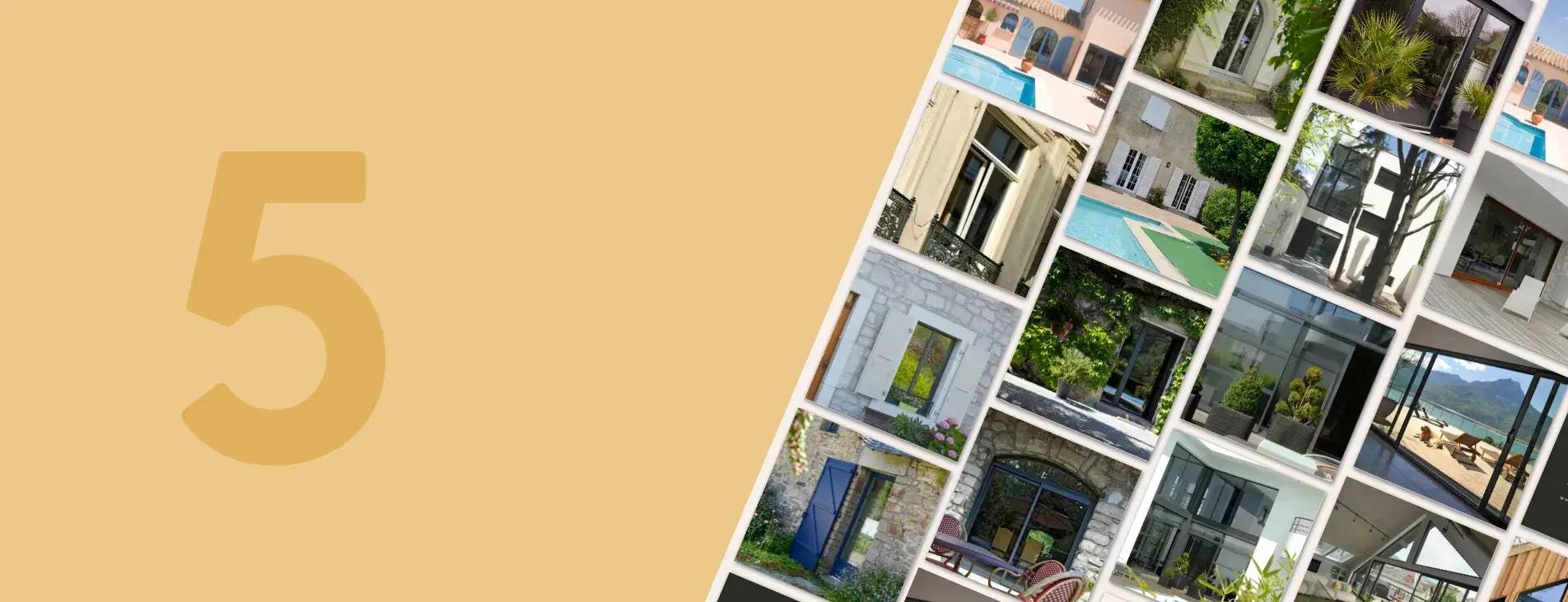 L'image présente une mosaïque de diverses fenêtres et portes modernes et traditionnelles sur un fond beige orné d'un grand chiffre 5.