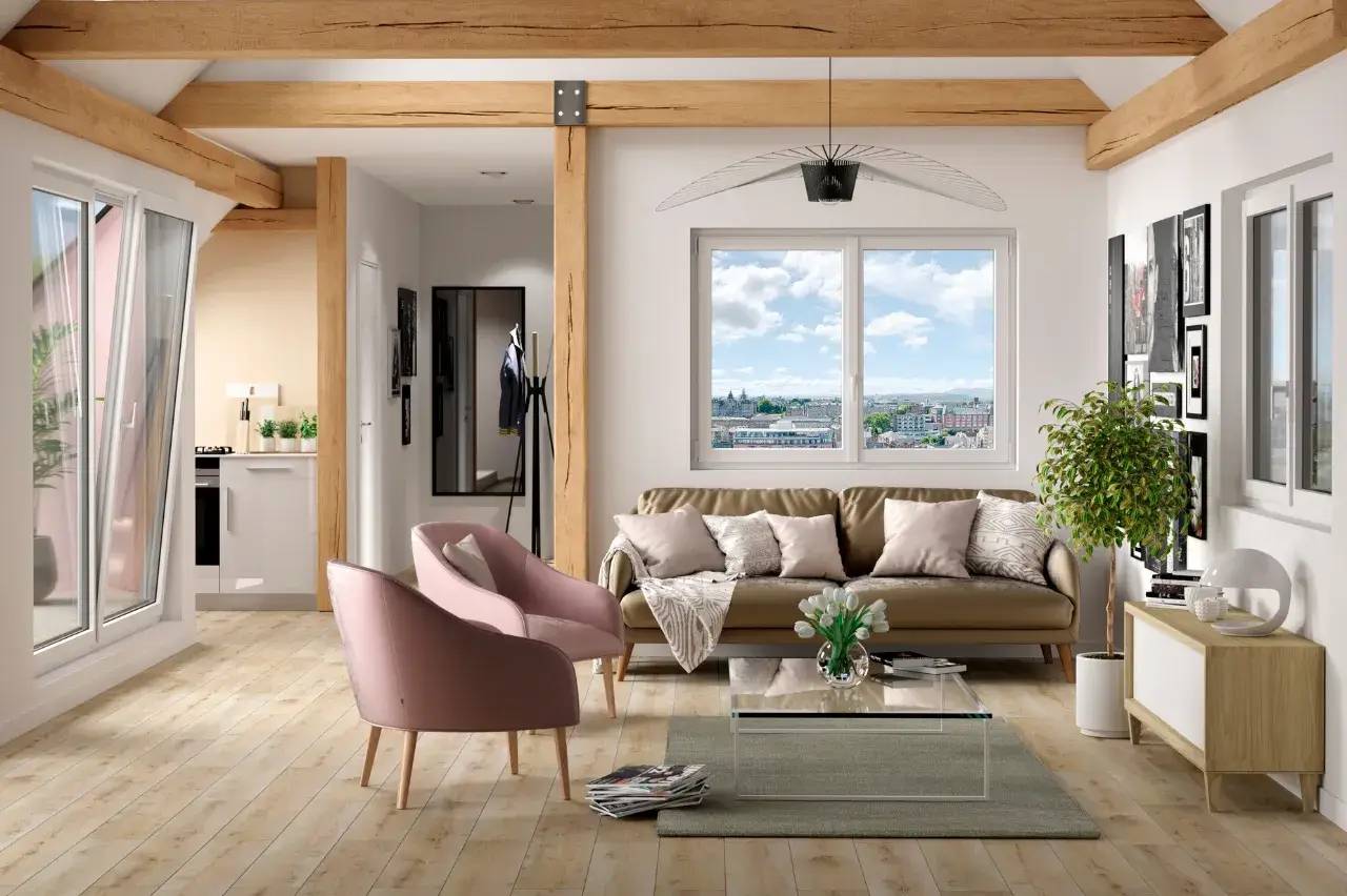 Un salon lumineux avec des poutres en bois apparentes, des fauteuils roses et une vue panoramique par la fenêtre.