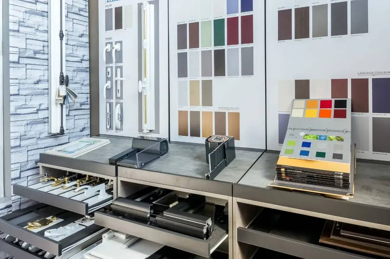 Un espace de choix de matériaux et d'accessoires d'intérieur, avec des échantillons de couleurs et des équipements exposés.