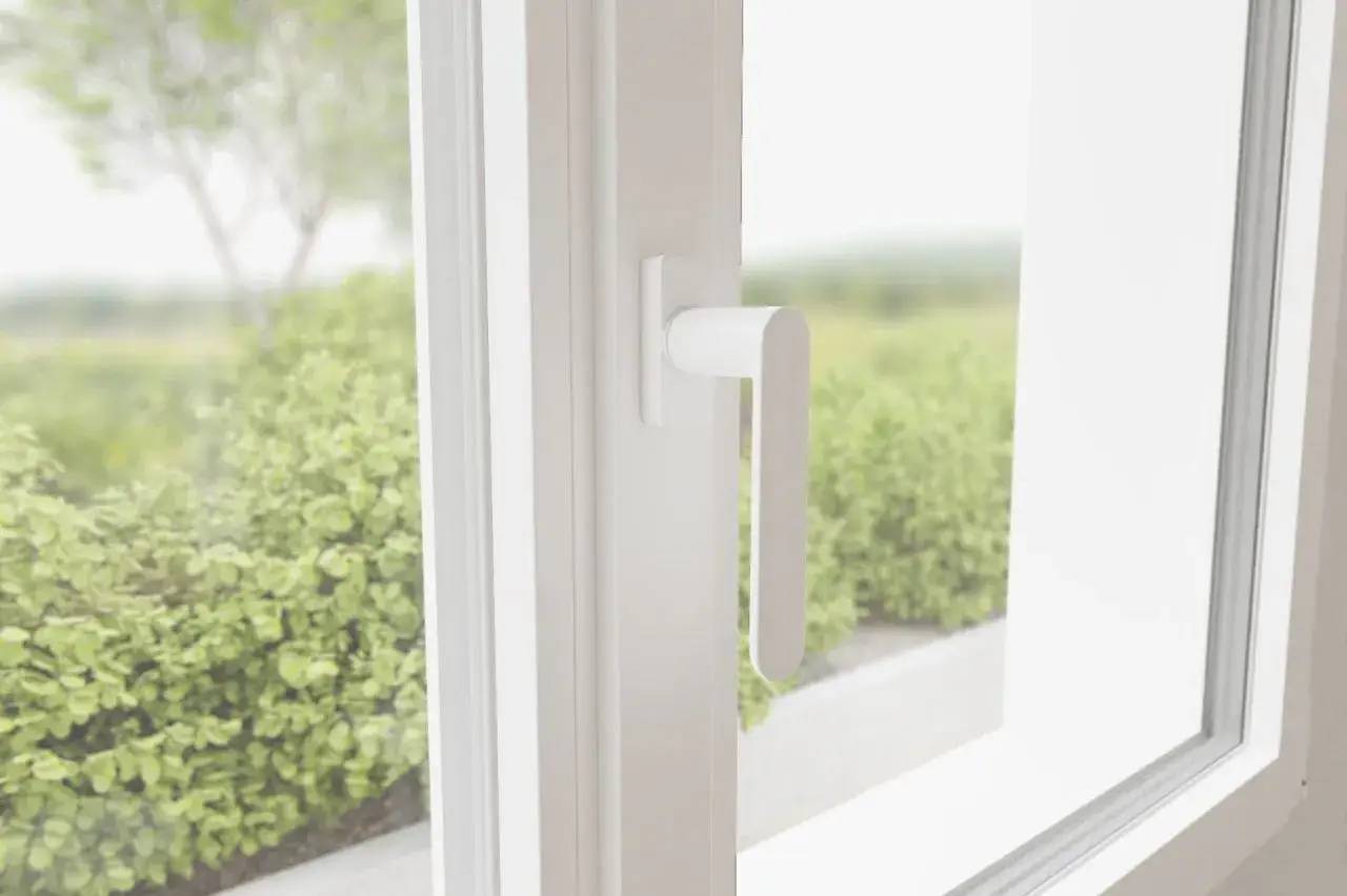 Vue d'une fenêtre ouverte avec une poignée moderne, donnant sur un jardin verdoyant.