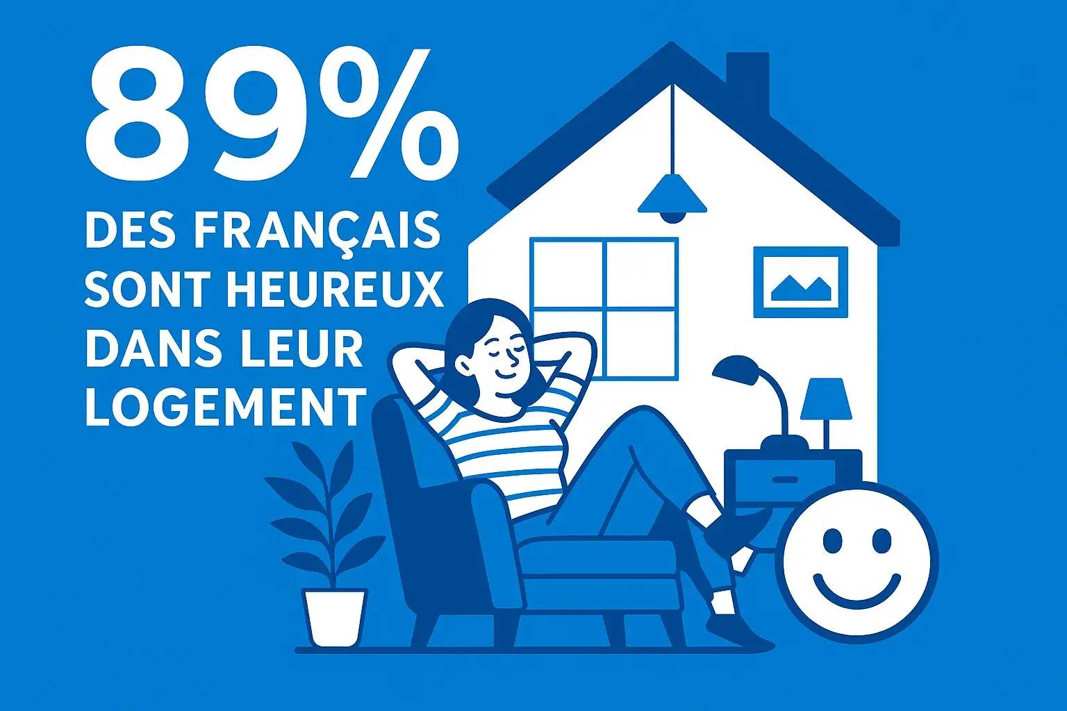 Illustration d'une personne détendue dans son salon avec le texte "89% des Français sont heureux dans leur logement".