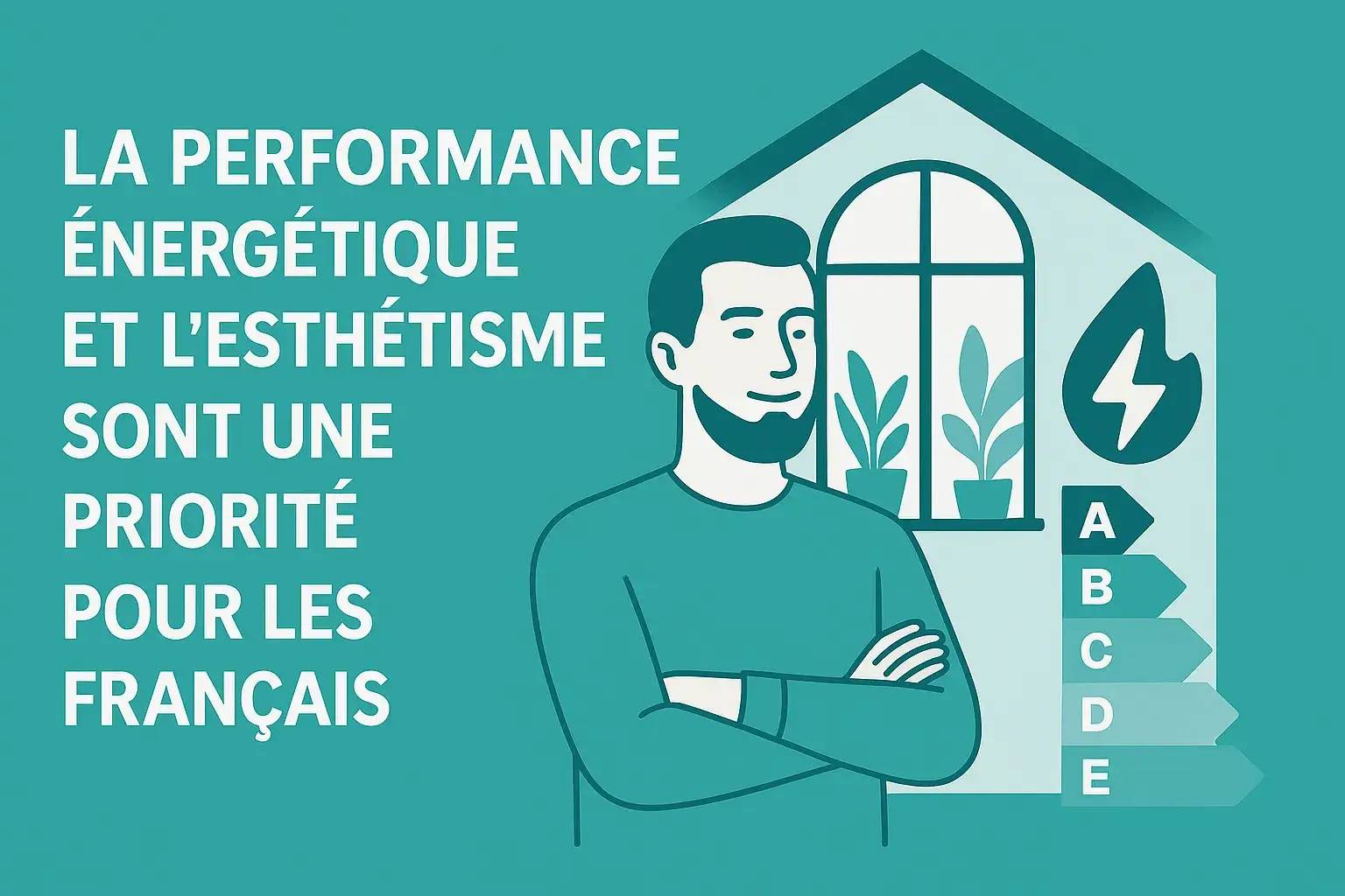 Illustration minimaliste d'un homme souriant devant une maison, accompagnée du texte soulignant l'importance de la performance énergétique et de l'est