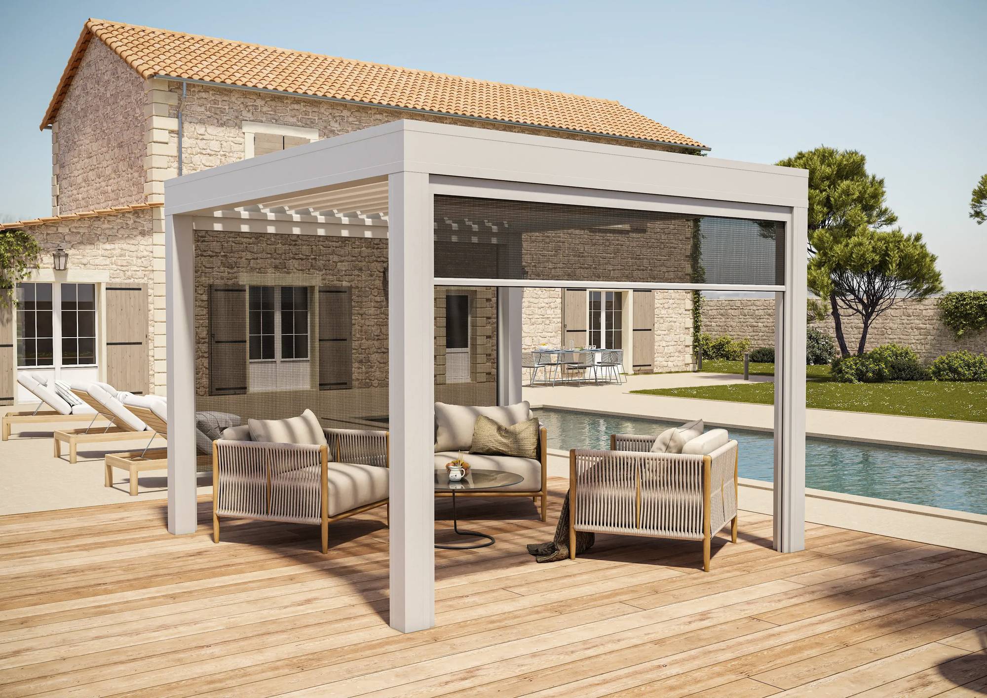 Pergola TRYBA blanche lumineuse sur maison provençale