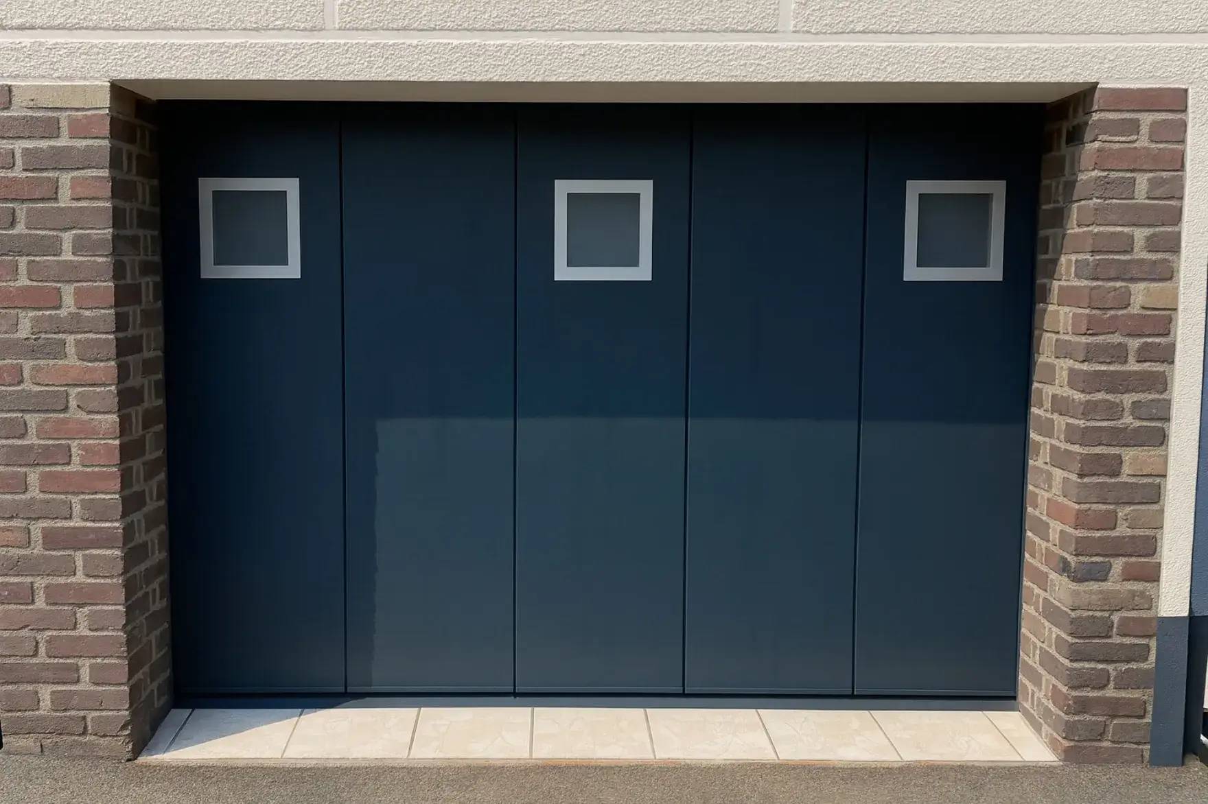 Porte de garage moderne en métal bleu avec des fenêtres carrées encadrées de blanc, encadrée de briques.