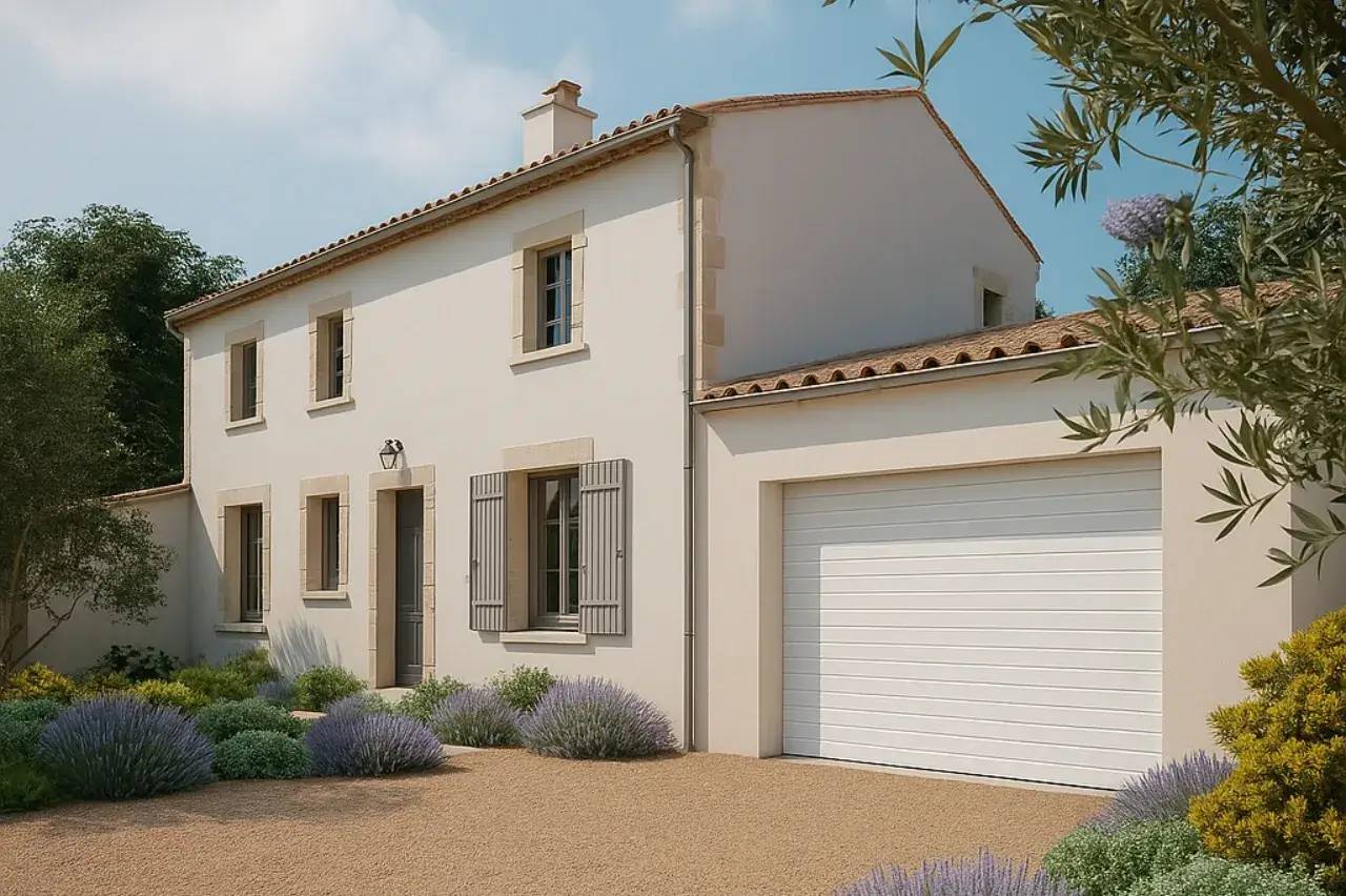 Une maison moderne aux teintes claires, entourée de végétation méditerranéenne et équipée d'un garage attenant.