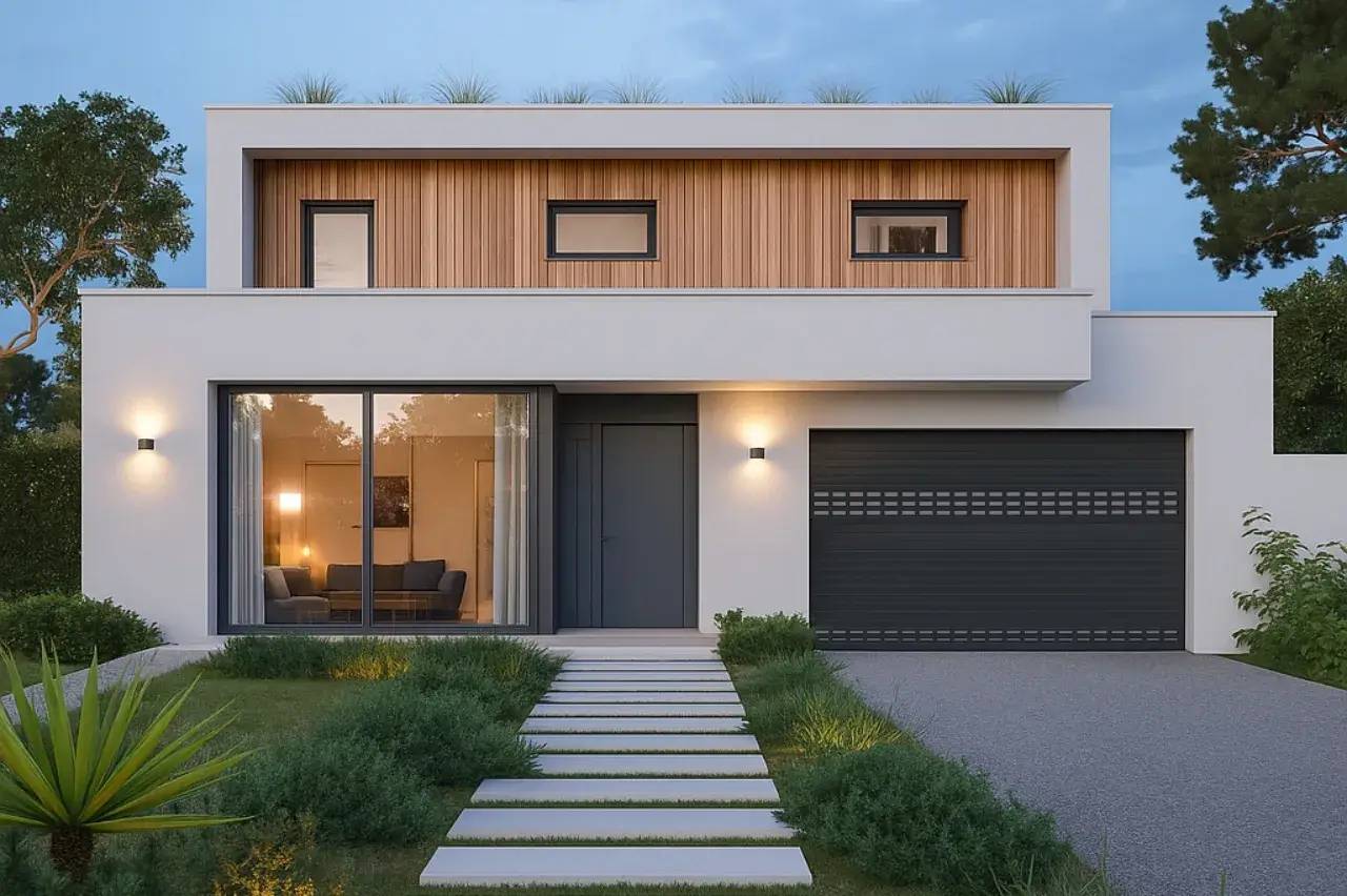 Maison moderne à toit plat avec façade en bois, grandes baies vitrées, et jardin bien entretenu.