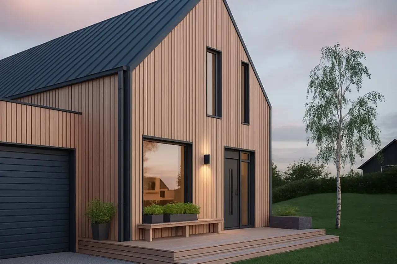 Moderne maison en bois avec un toit en pente et une grande fenêtre, entourée de verdure et éclairée par une lumière douce.