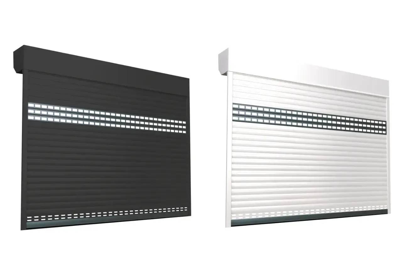L'image montre deux volets roulants, l'un noir et l'autre blanc, disposant d'une bande ajourée horizontale.