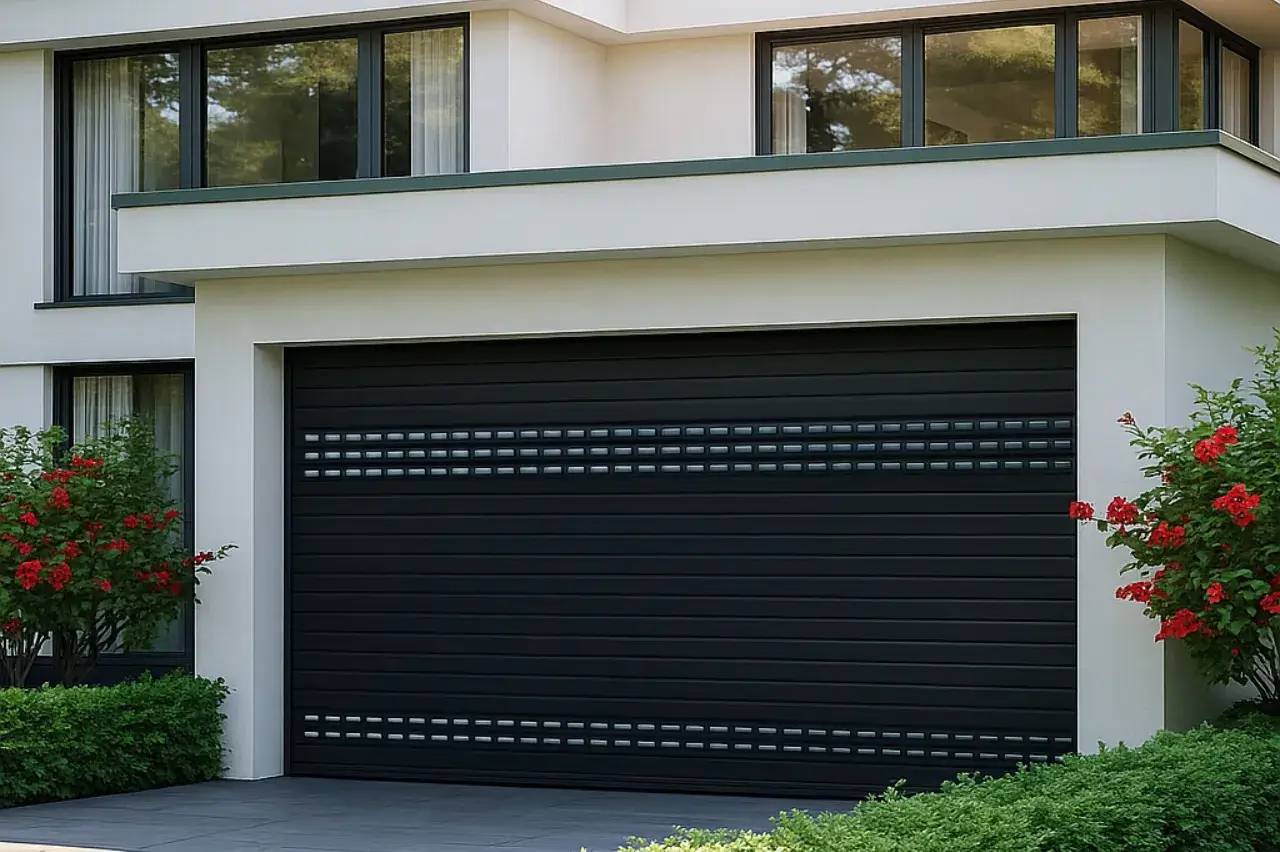 Une façade moderne avec une porte de garage noire et des fenêtres encadrées de verdure et de fleurs rouges.
