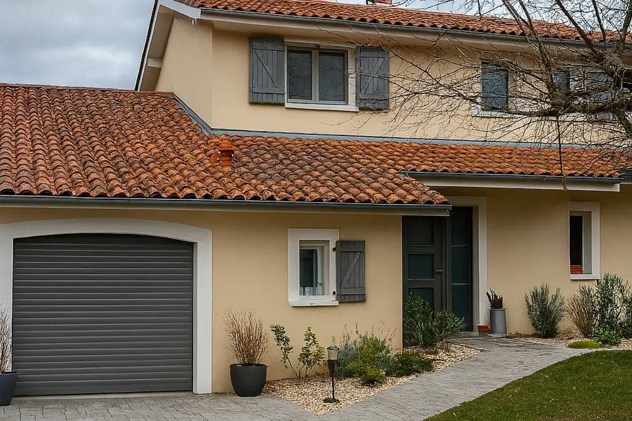 Une maison moderne avec un toit en tuiles rouges, des volets bleus et une porte d'entrée sombre, entourée de plantes et d