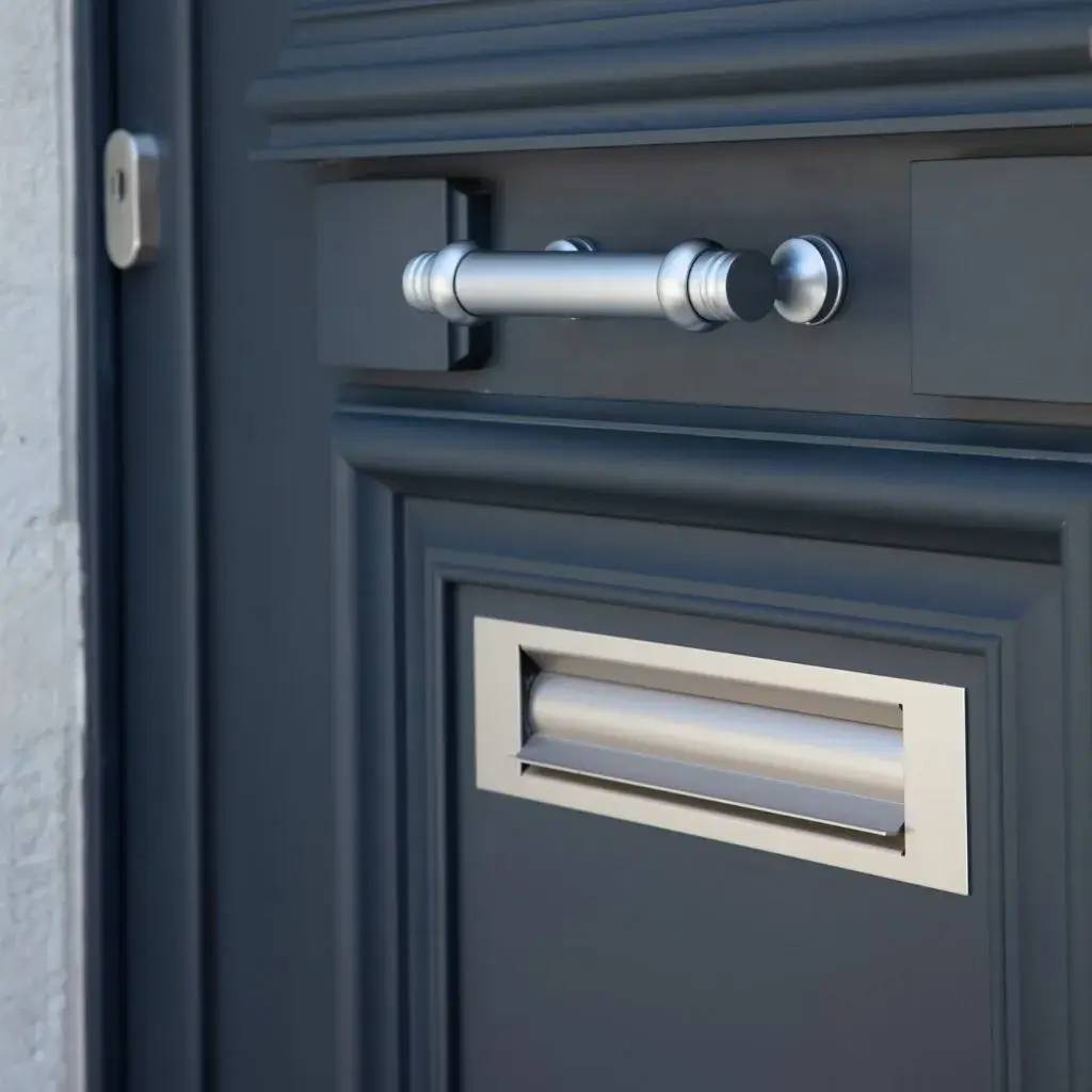Une porte moderne en métal bleu avec une poignée argentée et une fente à lettres assortie.