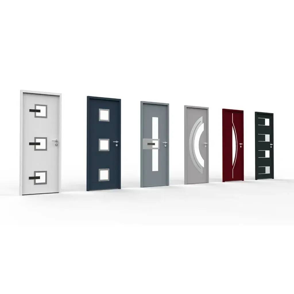Une série de six portes modernes aux designs variés et couleurs différentes est alignée, illustrant des options élégantes pour l'intérieur d'une maison.