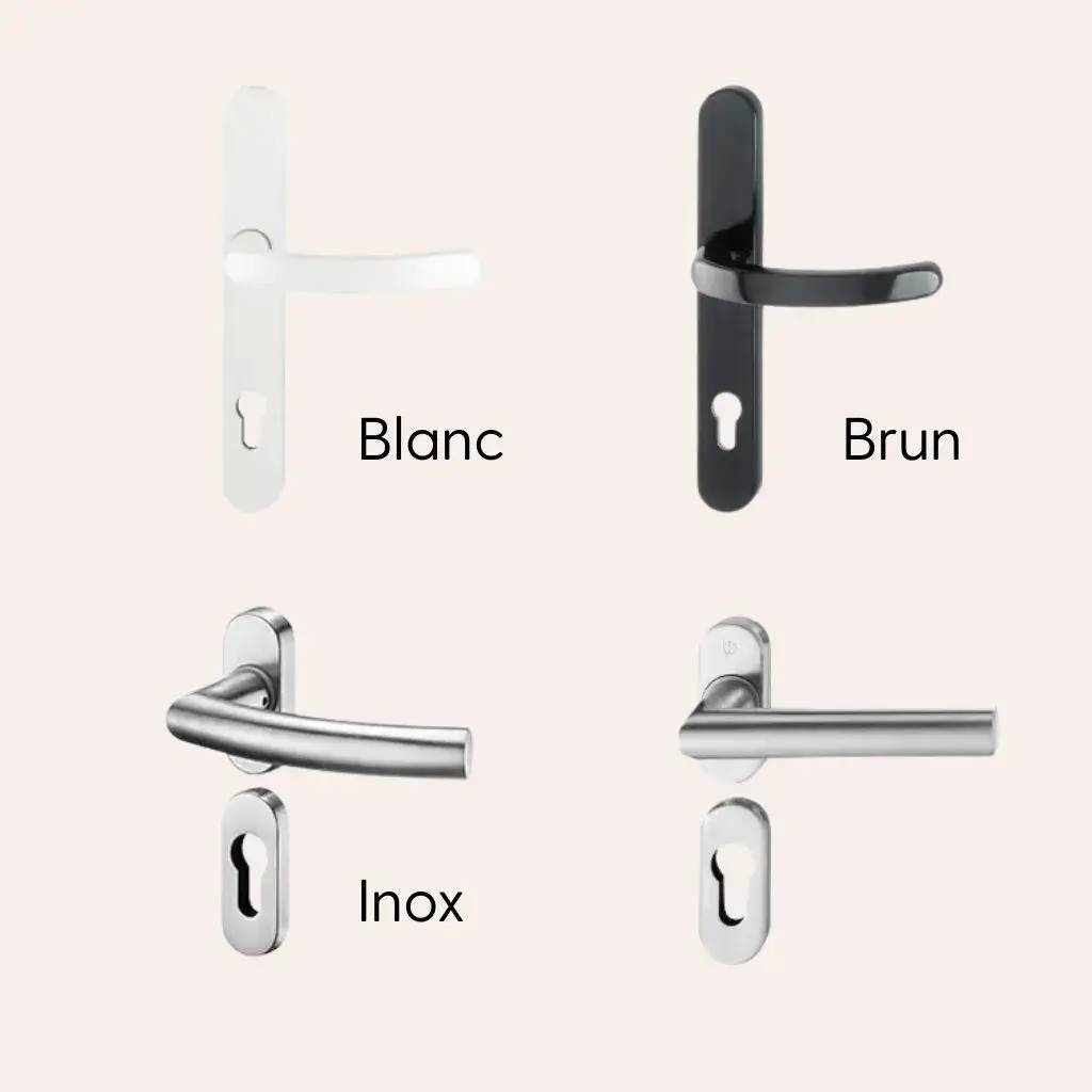 Illustration de quatre poignées de porte de différentes couleurs et matériaux : blanc, brun, et inox.
