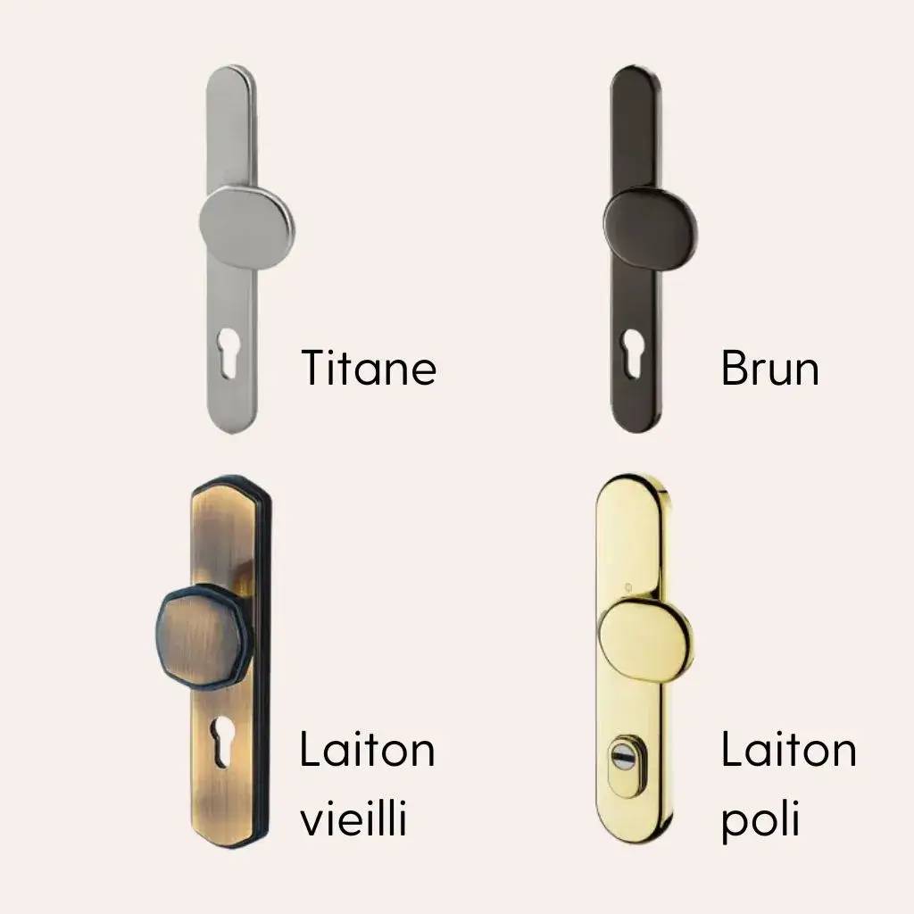 Image présentant quatre poignées de porte en différentes finitions : titane, brun, laiton vieilli et laiton poli.