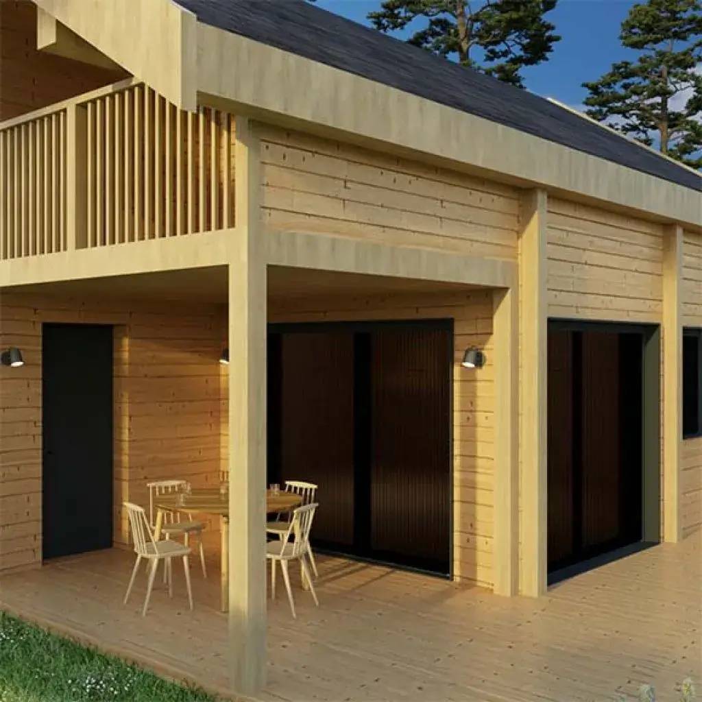 Une belle maison en bois moderne avec une terrasse accueillante et un mobilier extérieur simple sous un ciel dégagé.